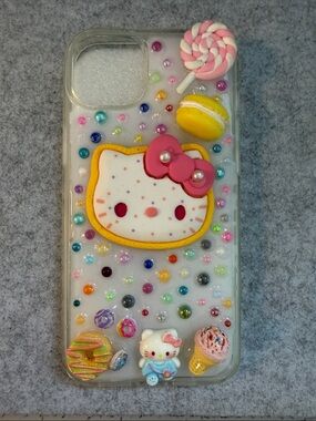 Hand Crafted Pink & Yellow Hello Kitty resin and deco-den Case with Candy Charms